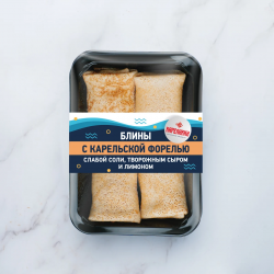 Блины с карельской форелью слабой соли, творожным сыром и лимоном